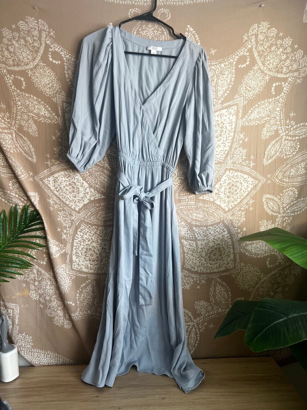 Monte the Label Wrap Front Balloon Sleeve Midi Dress Dusty Blue S